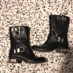 Vince Camuto Walda Black Leather Moto Boots with Gold Hardware, Size 8.5